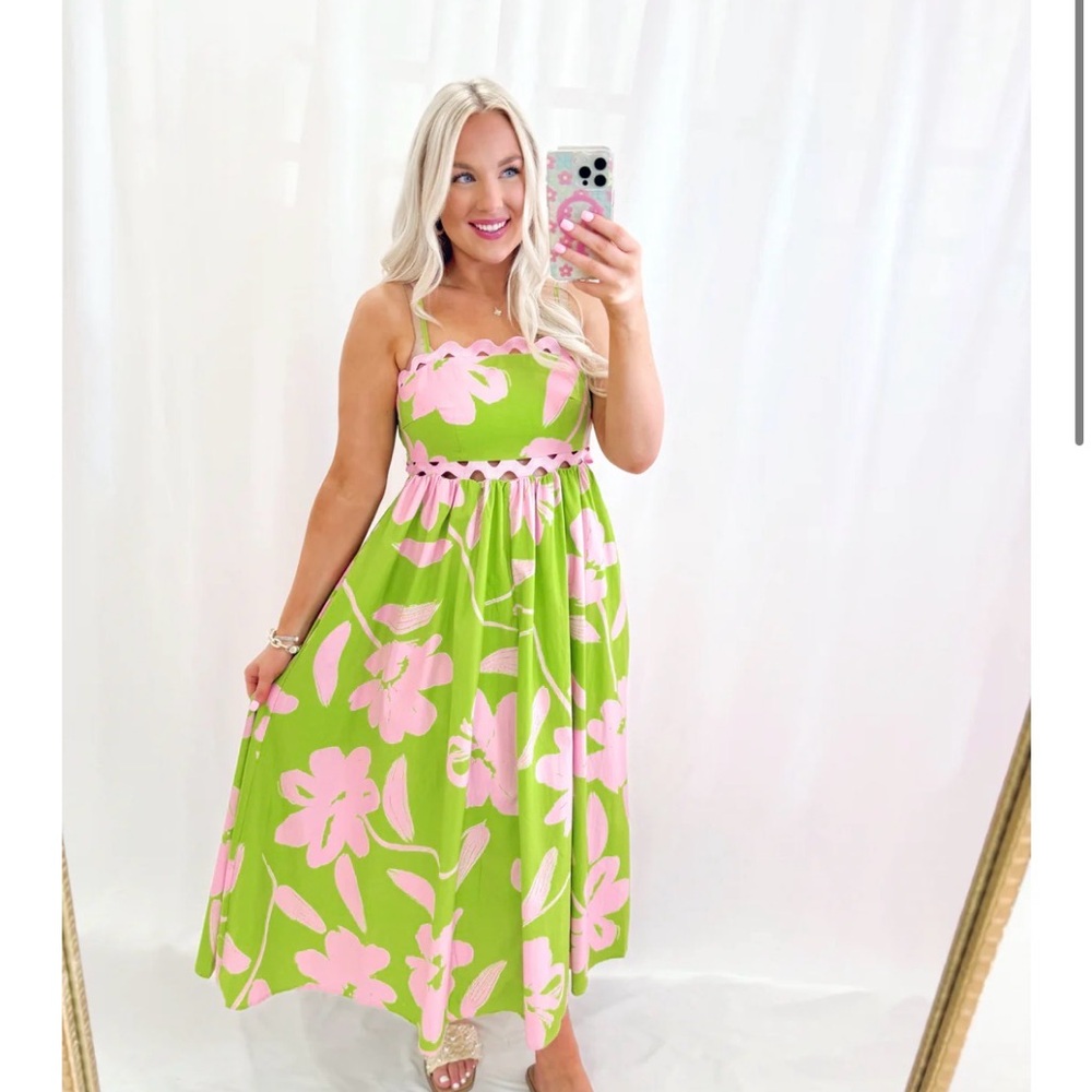 Peach Love California Lime Green Dress with Pink Trim